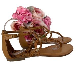 DOLCE VITA T-STRAP GOLD ACCENT CAMEL TAN LEATHER GLADIATOR SANDALS THONG SANDALS